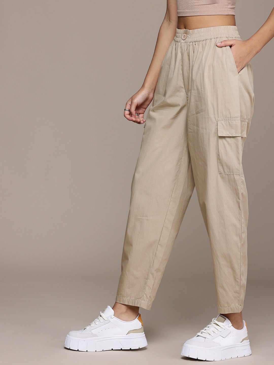 

The Roadster Life Co. Women Pure Cotton Trousers, Beige