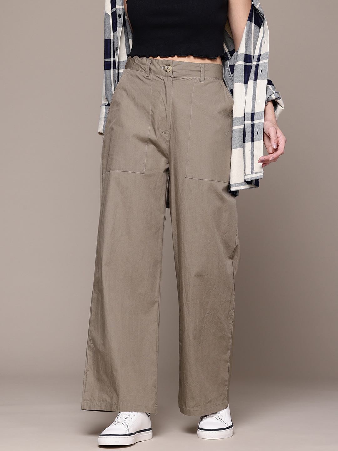 

The Roadster Lifestyle Co. Women Pure Cotton Trousers, Taupe
