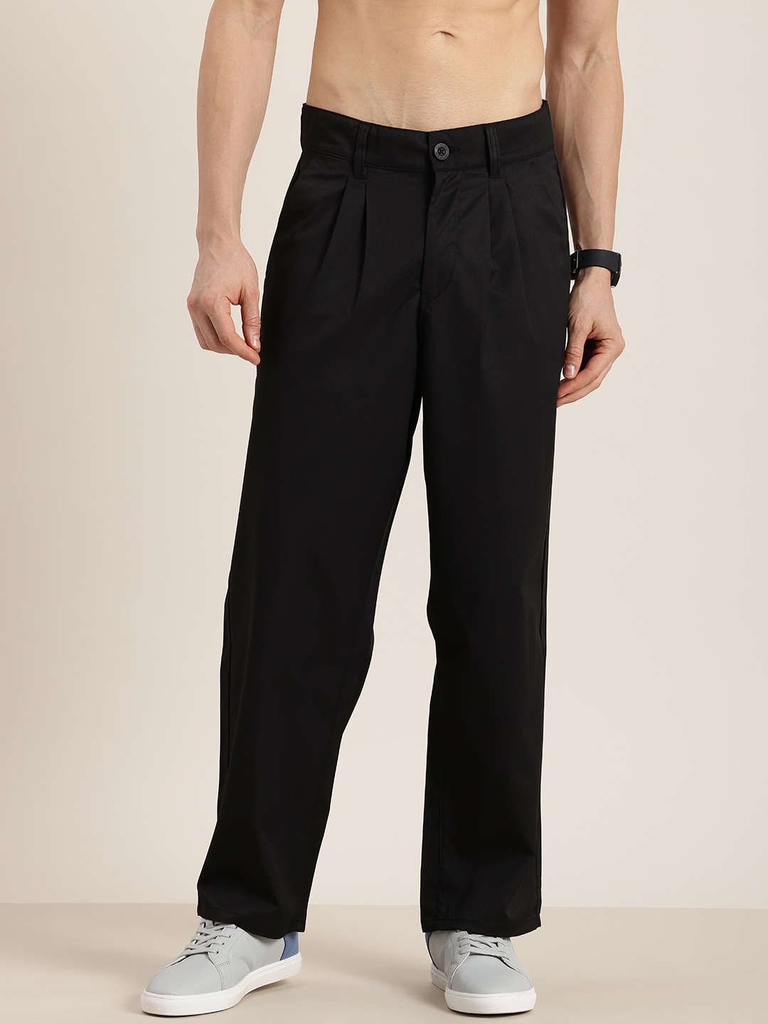 

HERE&NOW Men Textured Baggy Fit Pleated Chinos Trousers, Black