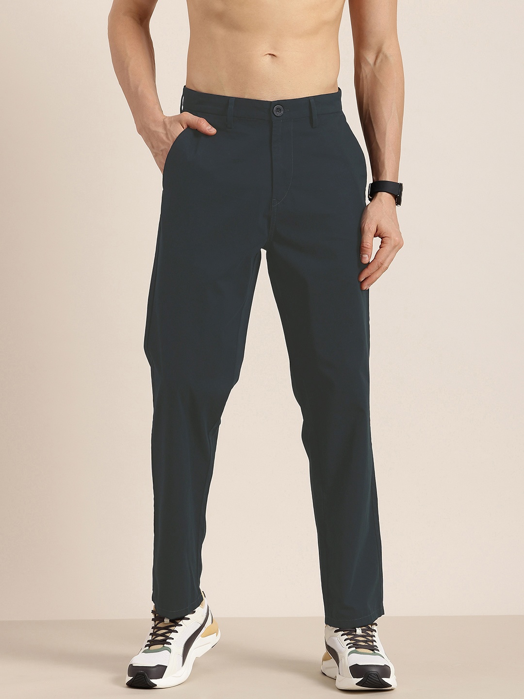 

HERE&NOW Men Pure Cotton Regular Trousers, Teal