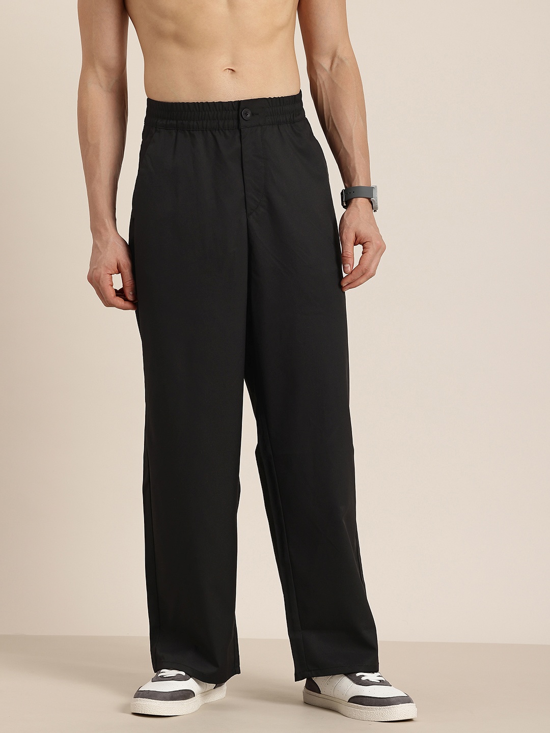 

HERE&NOW Men Wide Leg Straight Fit Trousers, Black