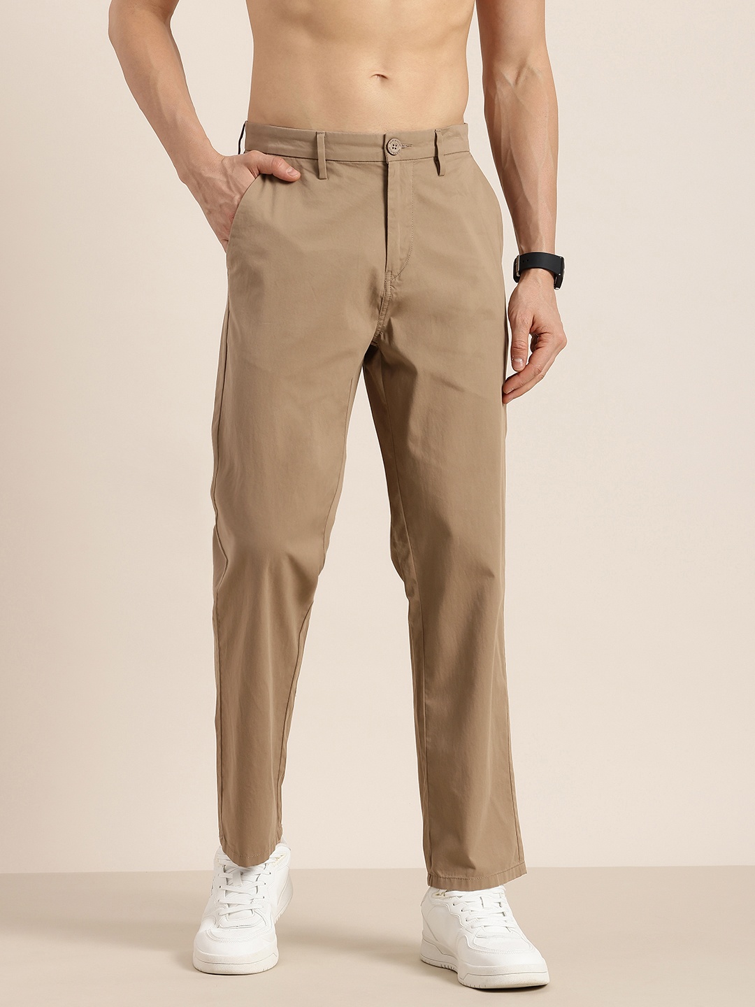 

HERE&NOW Men Pure Cotton Regular Trousers, Khaki