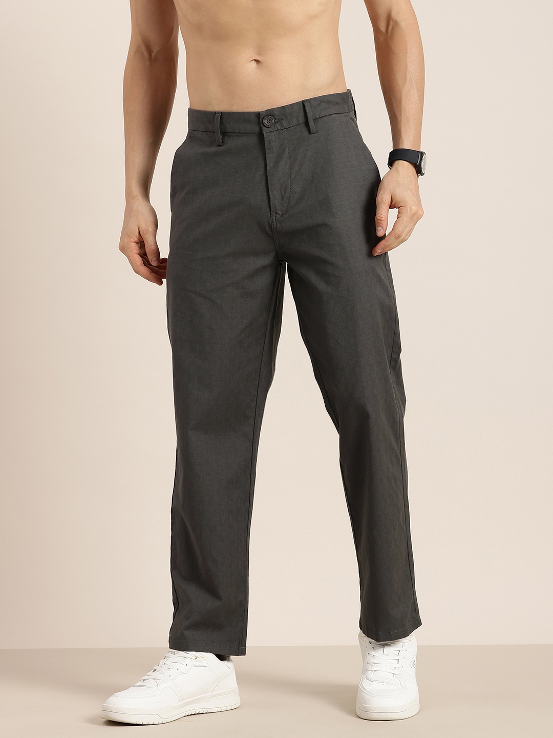 

HERE&NOW Men Textured Regular Trousers, Grey