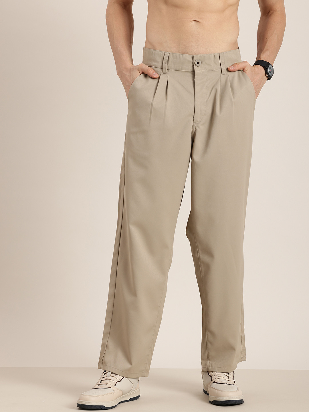 

HERE&NOW Men Textured Baggy Fit Pleated Chinos Trousers, Beige