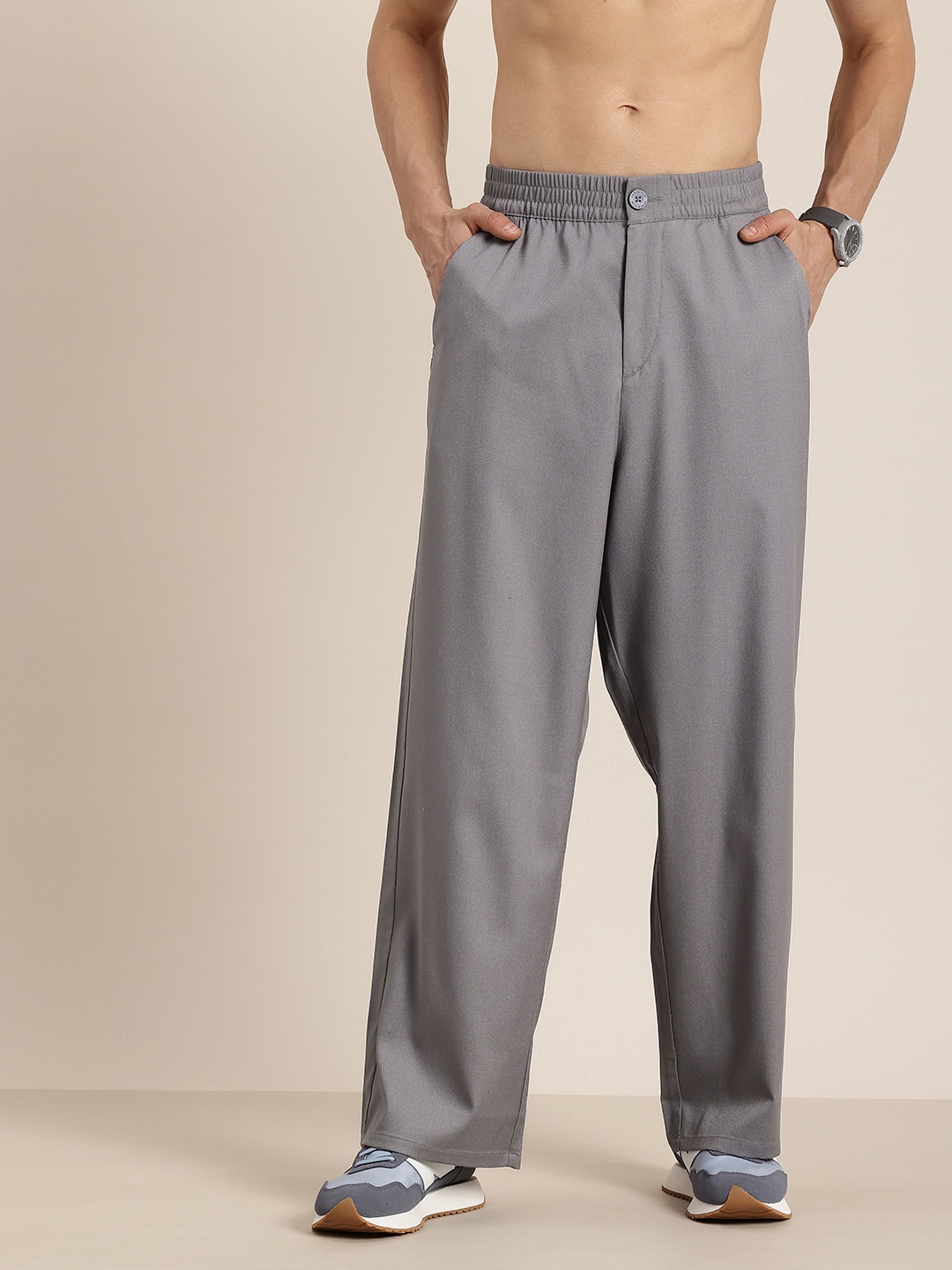 

HERE&NOW Men Wide Leg Straight Fit Trousers, Grey