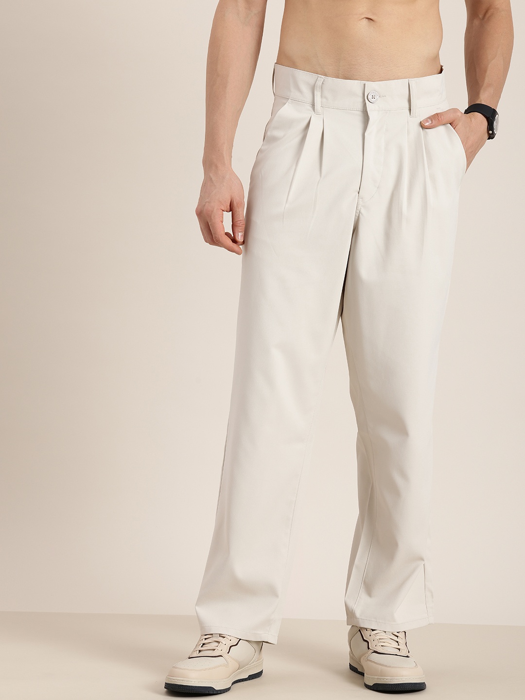 

HERE&NOW Men Textured Baggy Fit Pleated Chinos Trousers, Beige