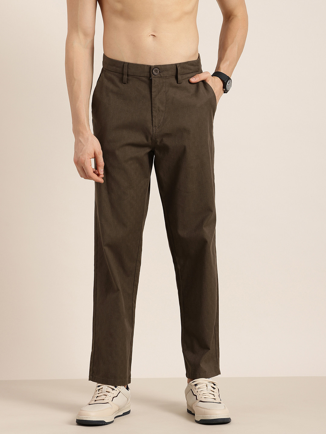 

HERE&NOW Men Textured Regular Trousers, Brown