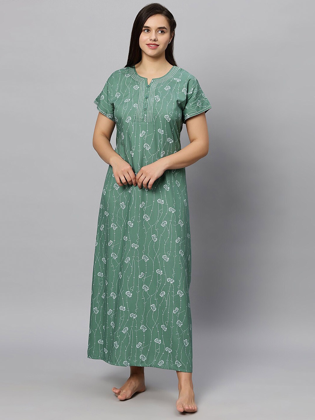 

QUIRA Floral Printed Maxi Nightdress, Sea green