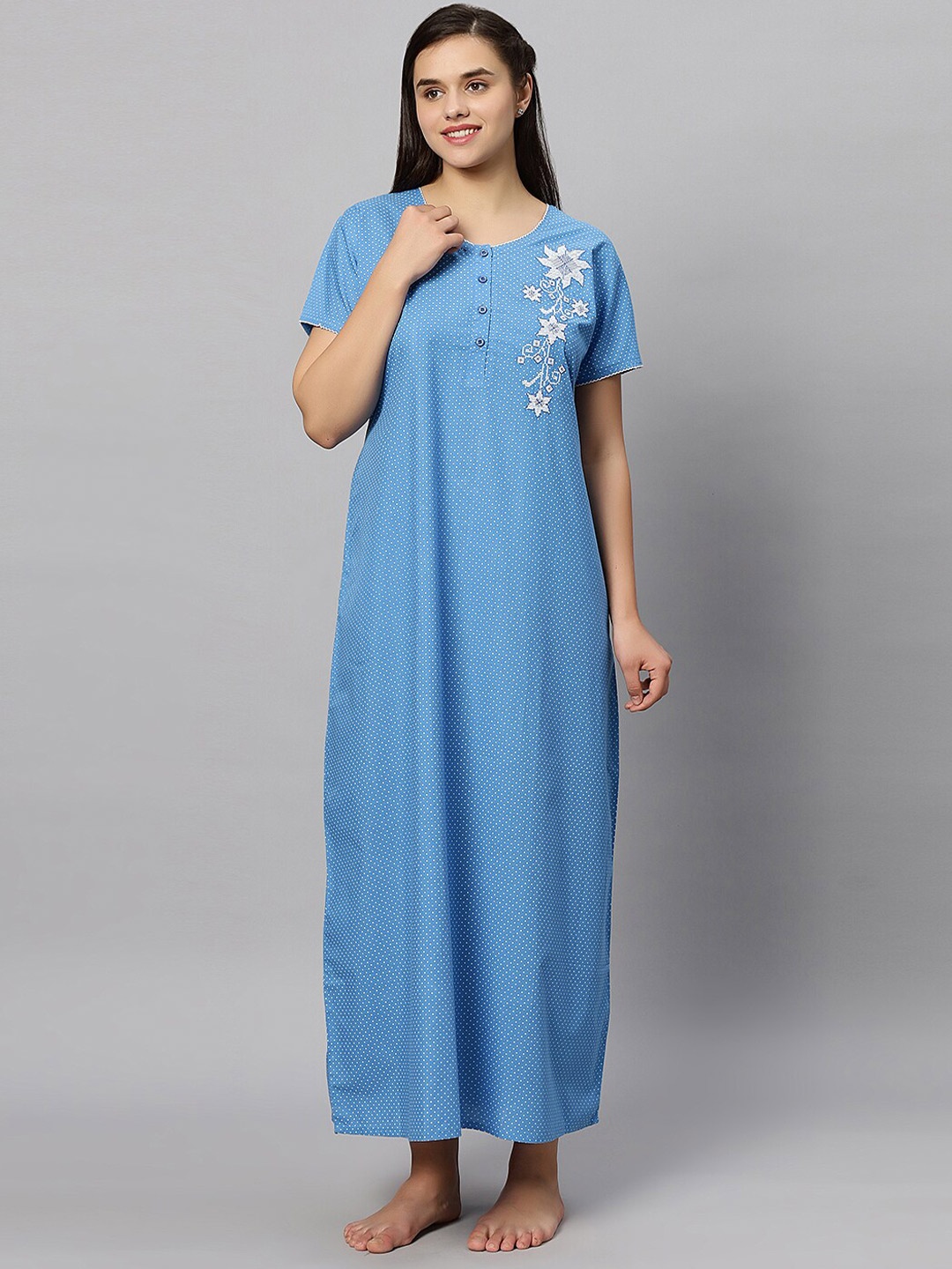 

QUIRA Floral Embroidered Maxi Nightdress, Blue