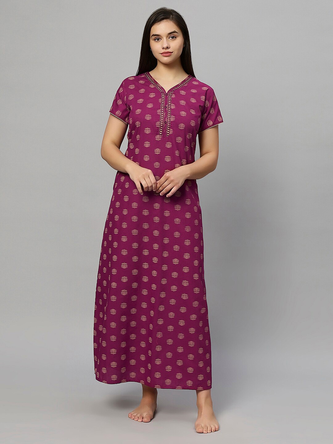

QUIRA Printed V-Neck Maxi Nightdress, Maroon