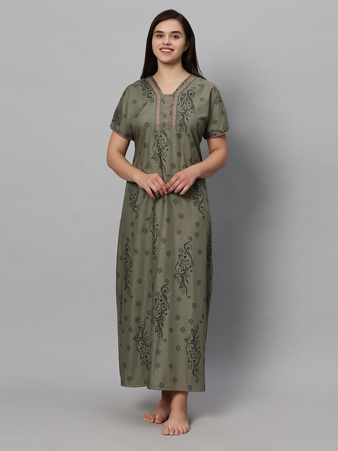 

QUIRA Printed Maxi Nightdress, Olive