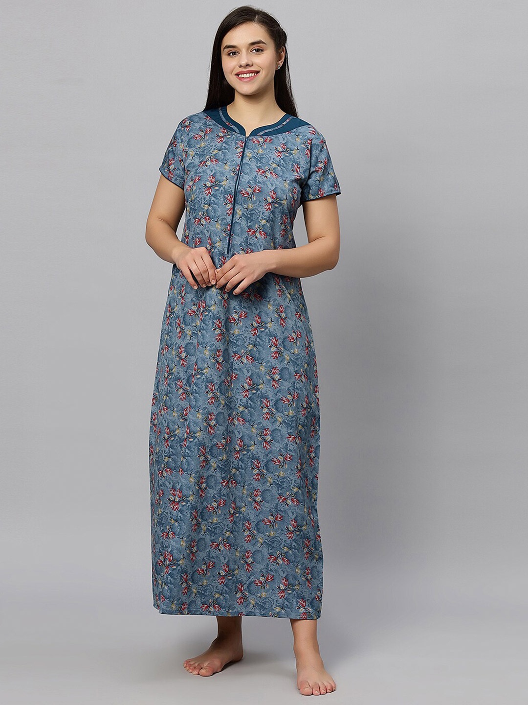 

QUIRA Floral Printed Maxi Nightdress, Blue