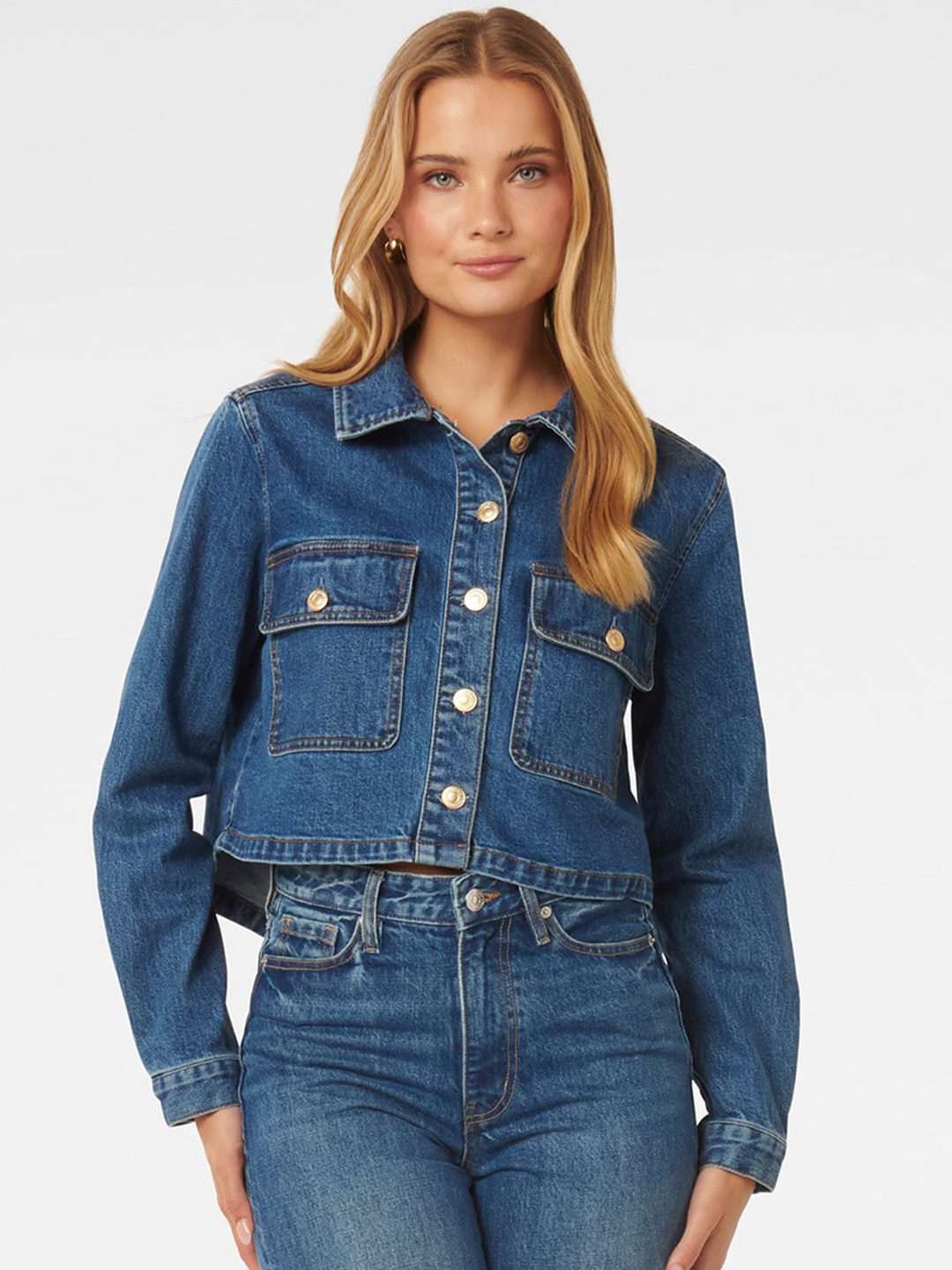 

Forever New Women Longline Denim Jacket with Patchwork, Blue