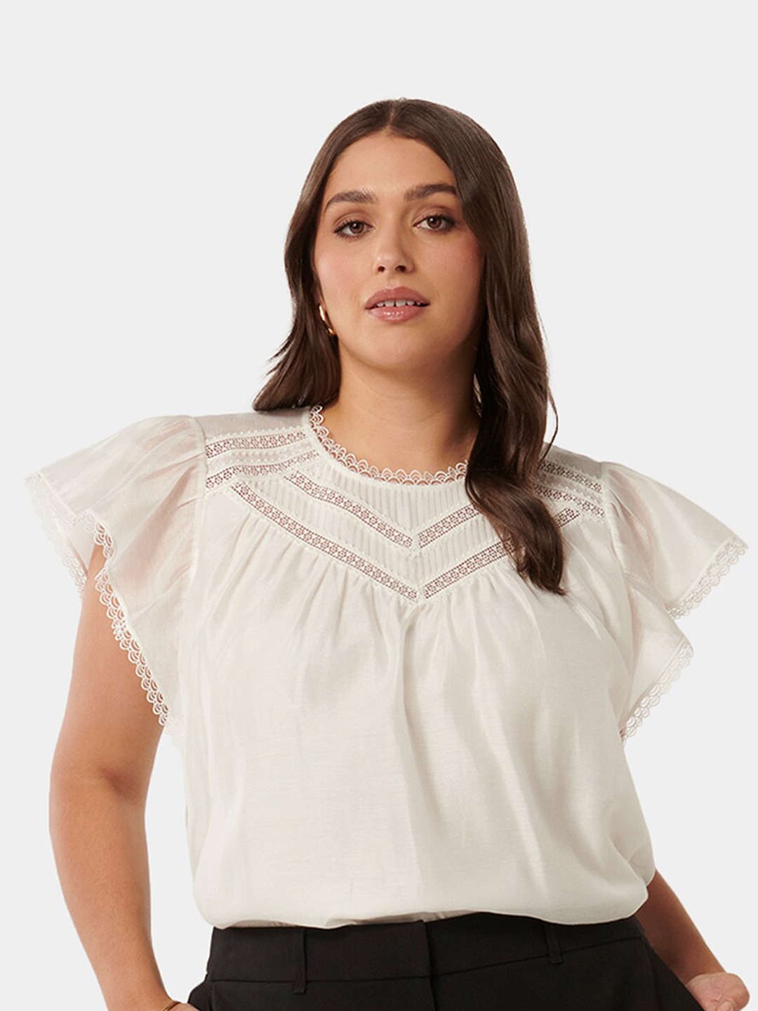 

Forever New Plus Size Flutter Sleeves Lace Inserts Detail Top, White