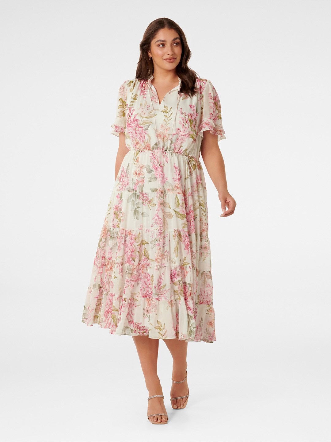 

Forever New Floral Printed Tie-Up Neck Fit & Flare Midi Dress, White