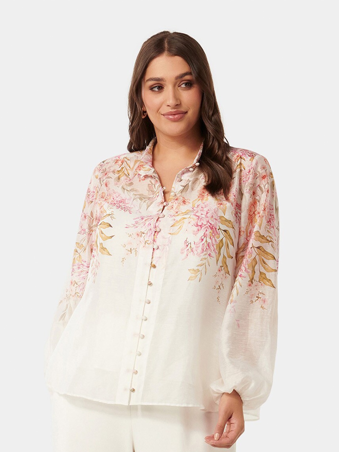 

Forever New Plus Size Floral Printed Puff Sleeve Shirt Style Top, White