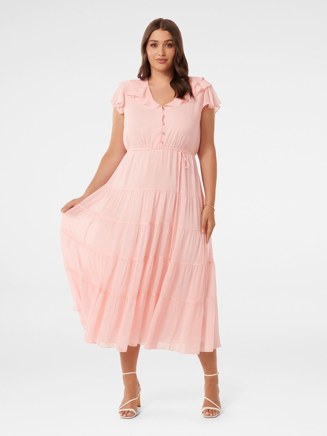 

Forever New Flutter Sleeves Layered Fit & Flare Midi Dress, Pink