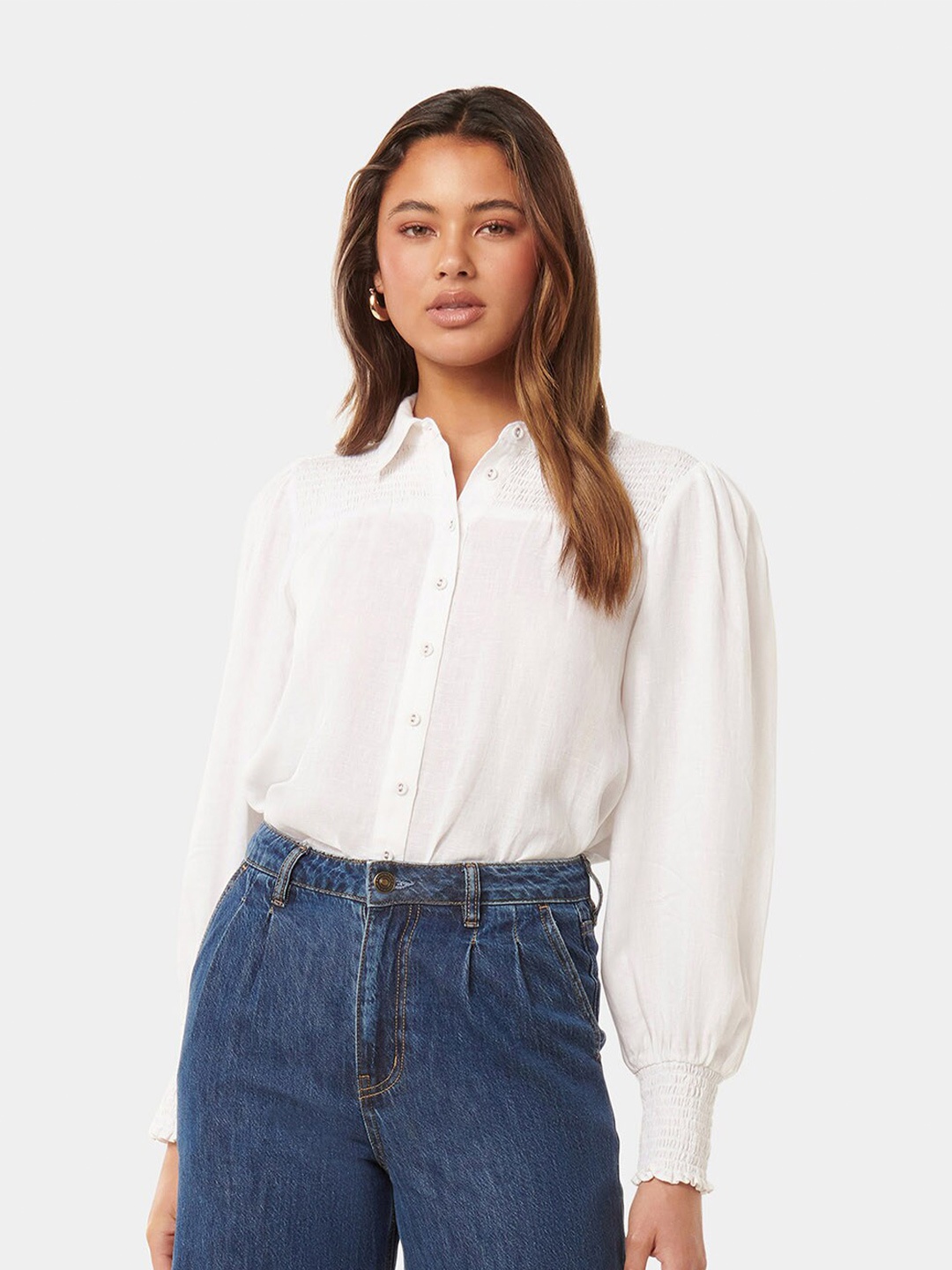 

Forever New Classic Puff Sleeves Pure Linen Casual Shirt, White