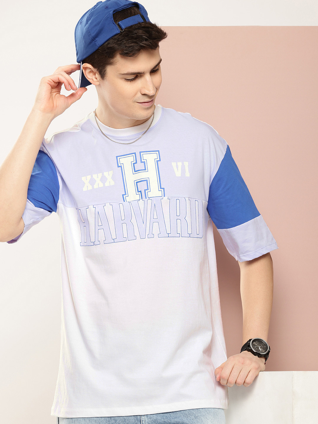 

Harvard Brand Logo Printed & Colourblocked Drop-Shoulder Sleeves Pure Cotton T-shirt, White