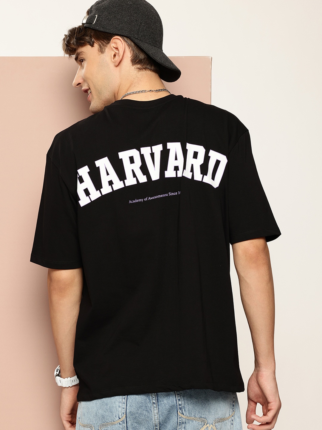 

Harvard Pure Cotton Brand Logo Printed Drop-Shoulder Sleeves T-shirt, Black