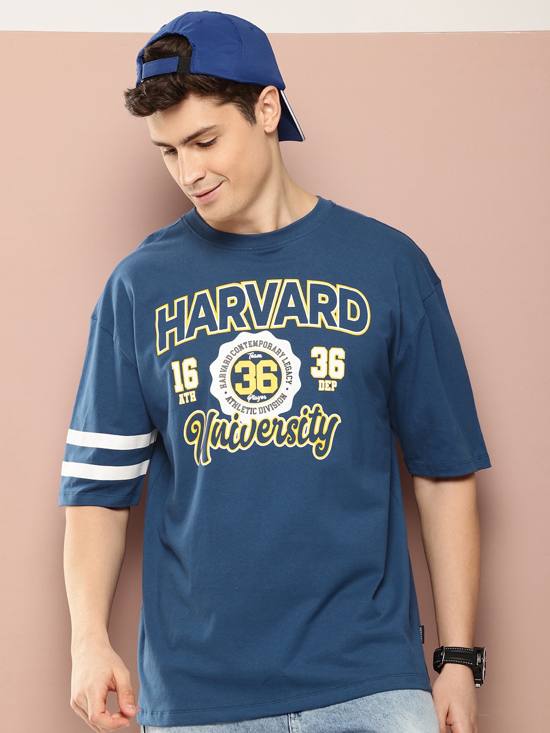 

Harvard Typography Printed Drop-Shoulder Sleeves Pure Cotton T-shirt, Navy blue