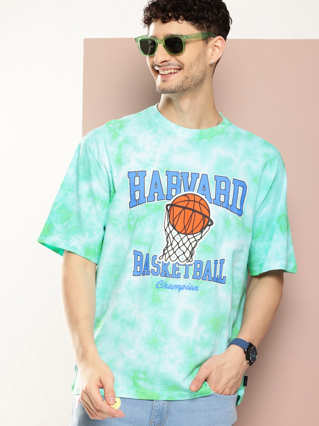 

Harvard Tie and Dye Drop-Shoulder Sleeves Pure Cotton T-shirt, Green