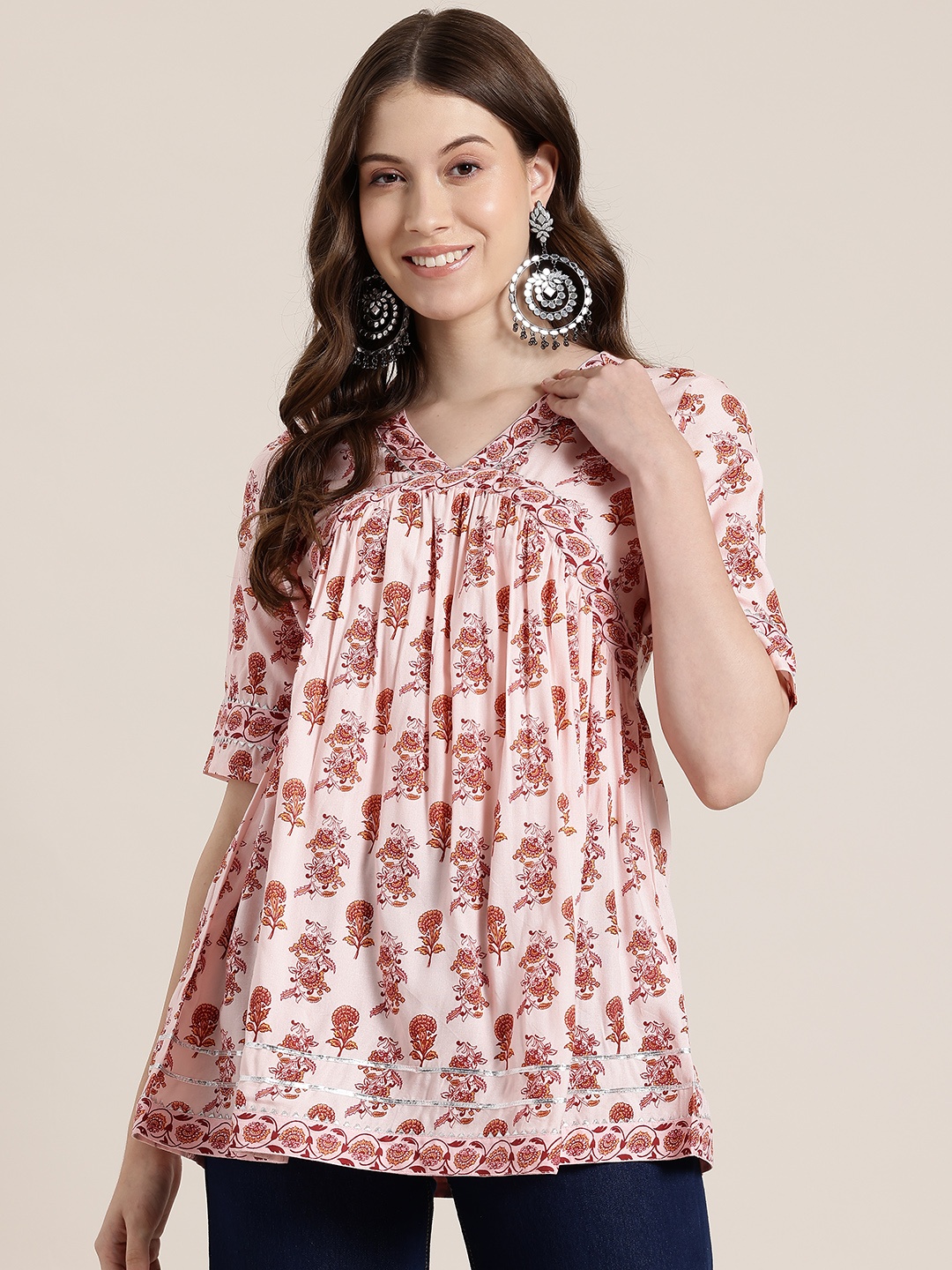 

HERE&NOW Floral Print Gotta Patti Empire Kurti, Pink