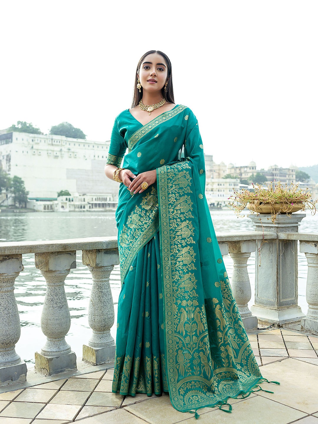 

LeeliPeeri Designer Ethnic Motifs Woven Design Zari Saree With Running Blouse Piece, Teal