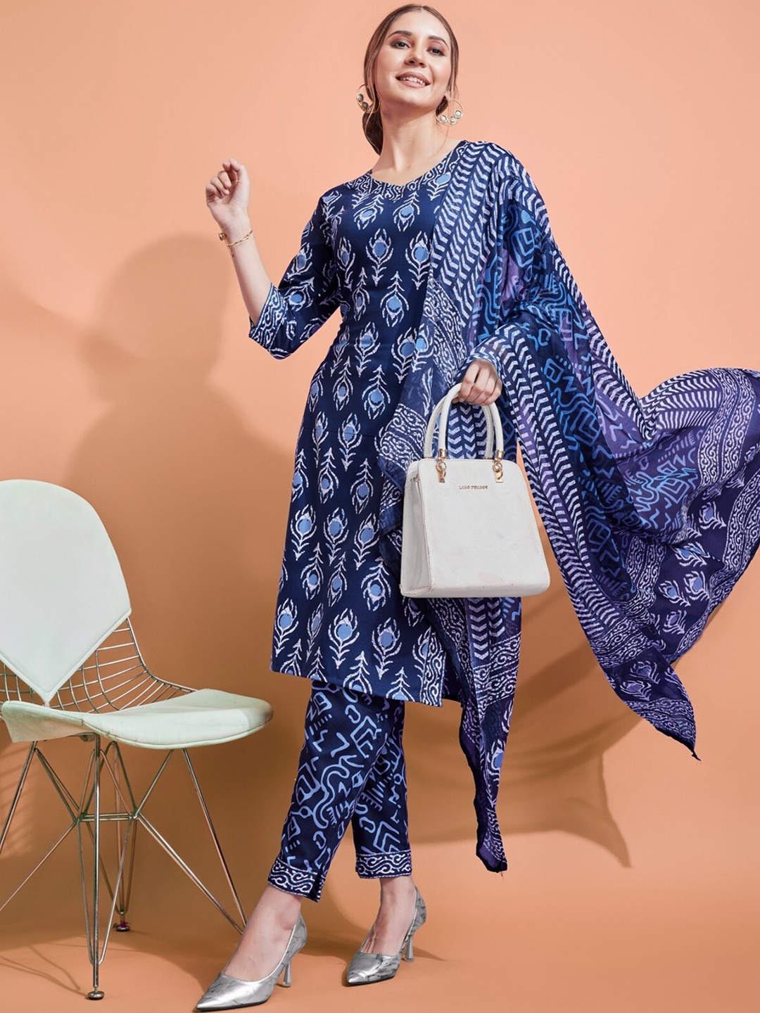 

Anouk Navy Blue Ethnic Motifs Printed Regular Kurta With Trousers & Dupatta
