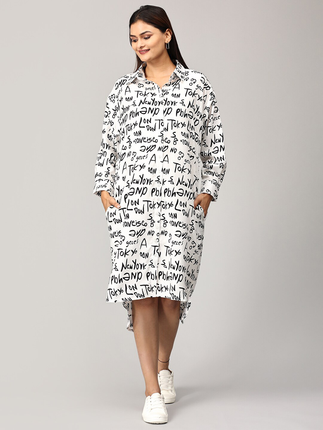 

The Mom Store Print Maternity and Nursing OverSized Shirt Dress, White