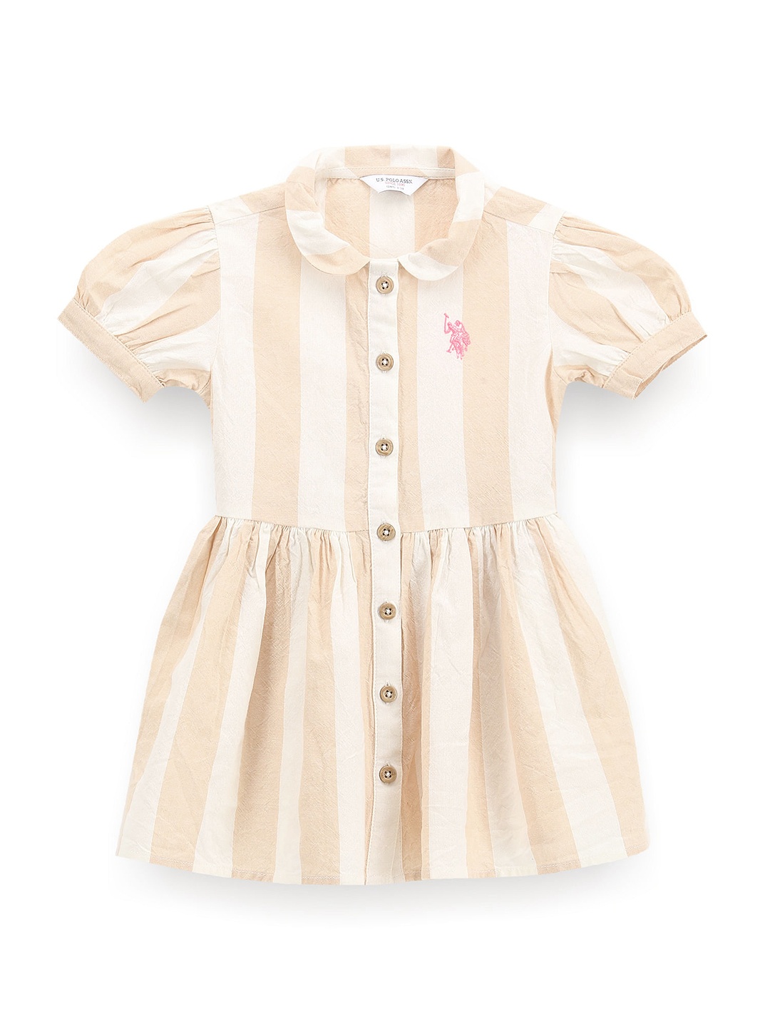

U.S. Polo Assn. Kids Striped Puff Sleeve Shirt Dress, Beige