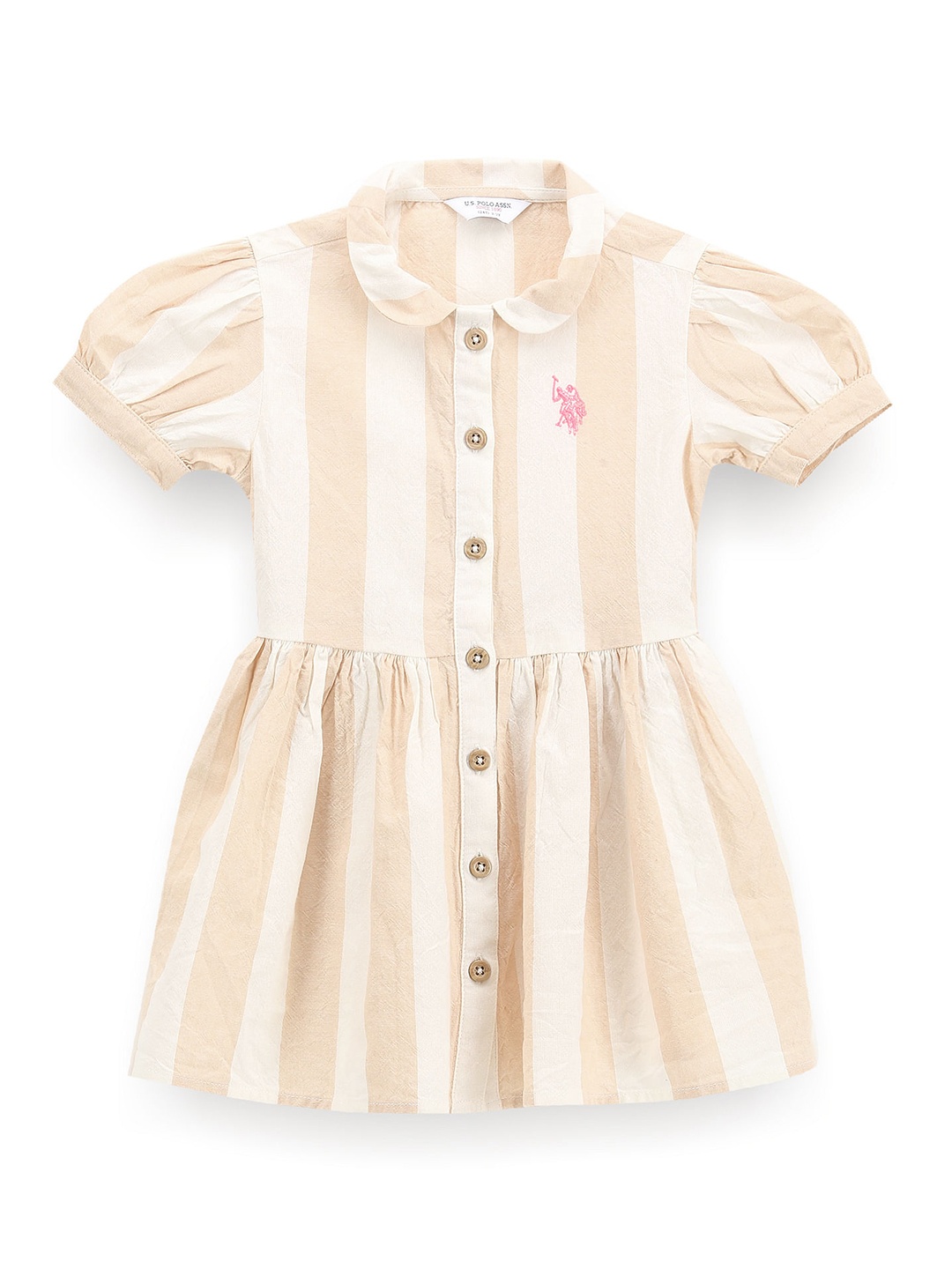 

U.S. Polo Assn. Kids Striped Puff Sleeve Shirt Dress, Beige