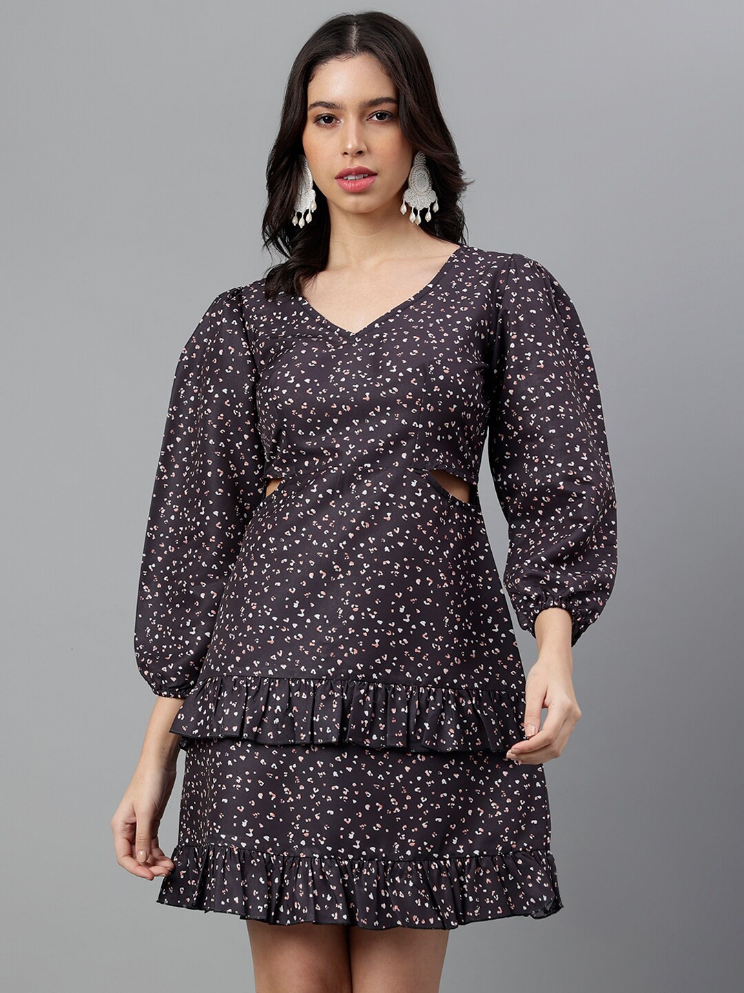 

TRYMISFIT Print Puff Sleeve Fit & Flare Dress, Black