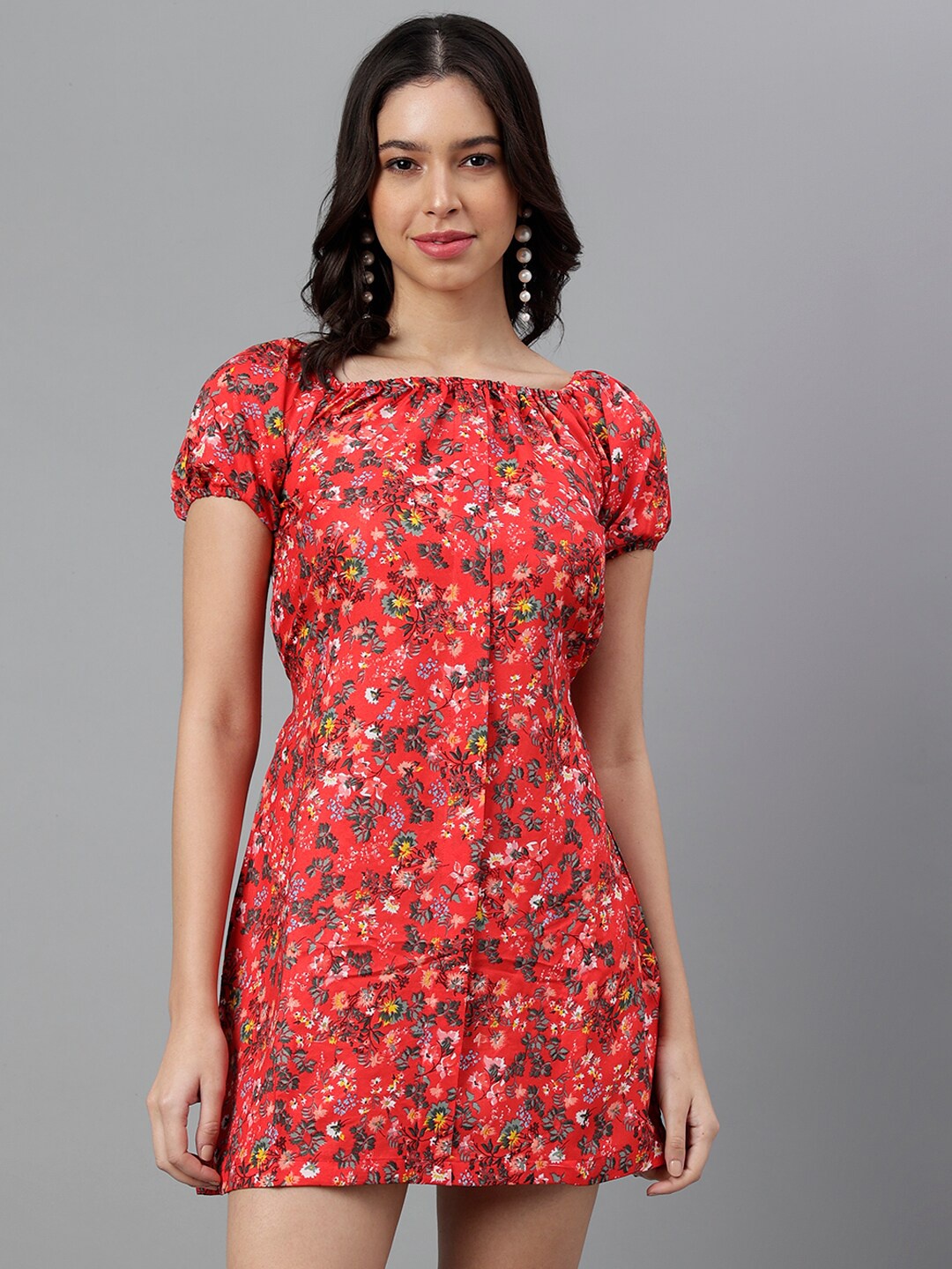 

TRYMISFIT Floral Print Puff Sleeve A-Line Mini Dress, Red