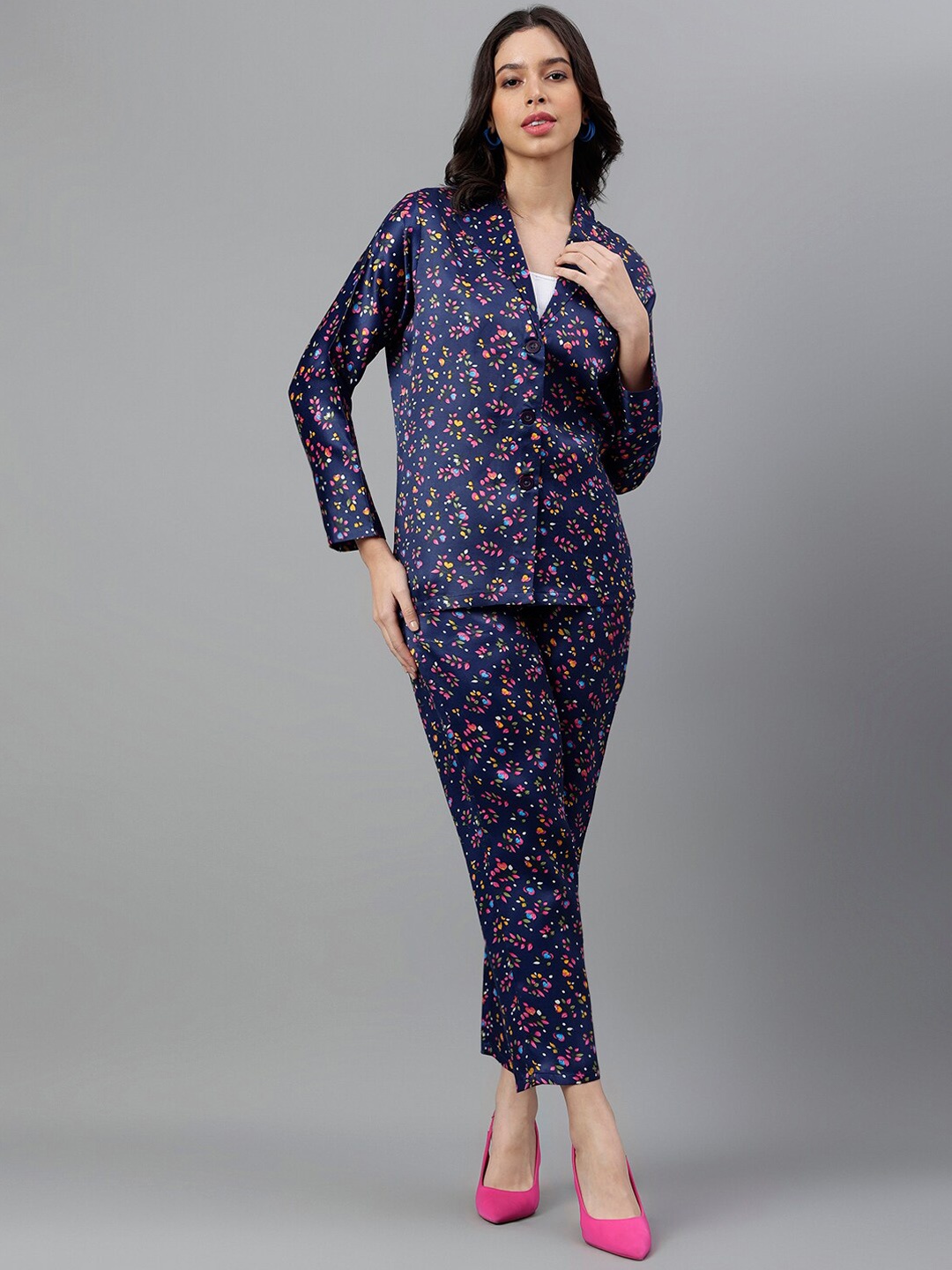 

TRYMISFIT Floral Printed Shirt With Palazzos Co-Ords, Navy blue