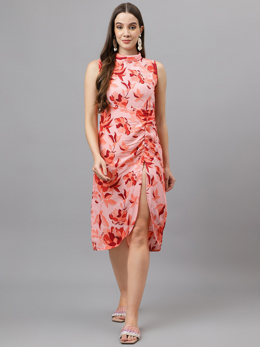 

TRYMISFIT Floral Printed High Neck Gathered Cotton A-Line Dress, Red