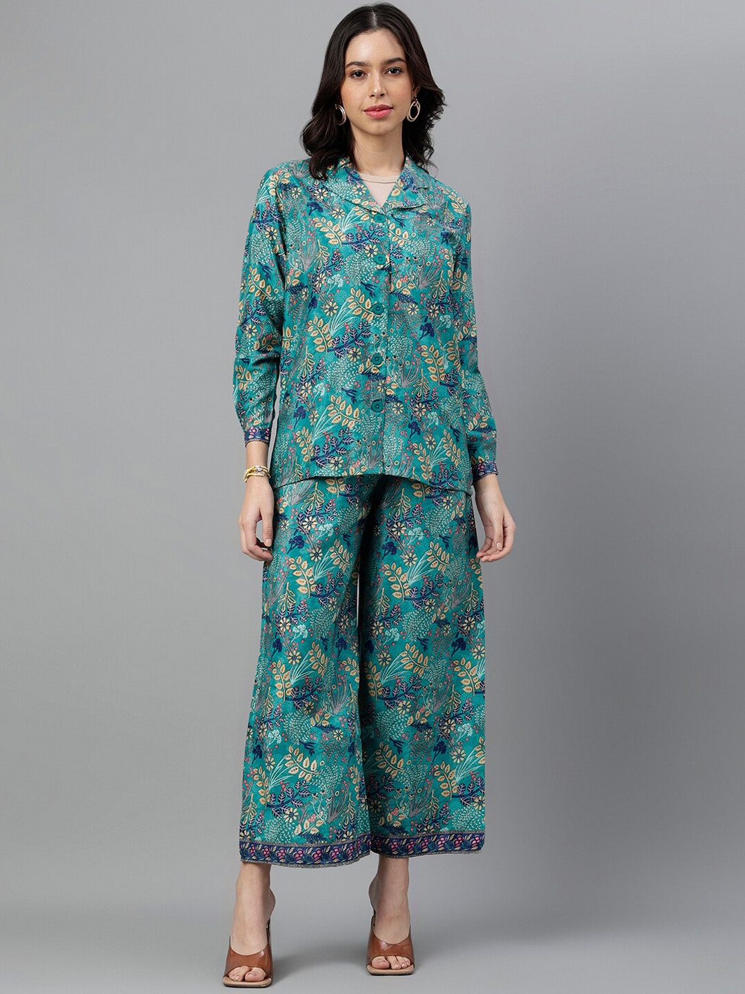 

TRYMISFIT Floral Printed Shirt With Palazzos Co-Ords, Green
