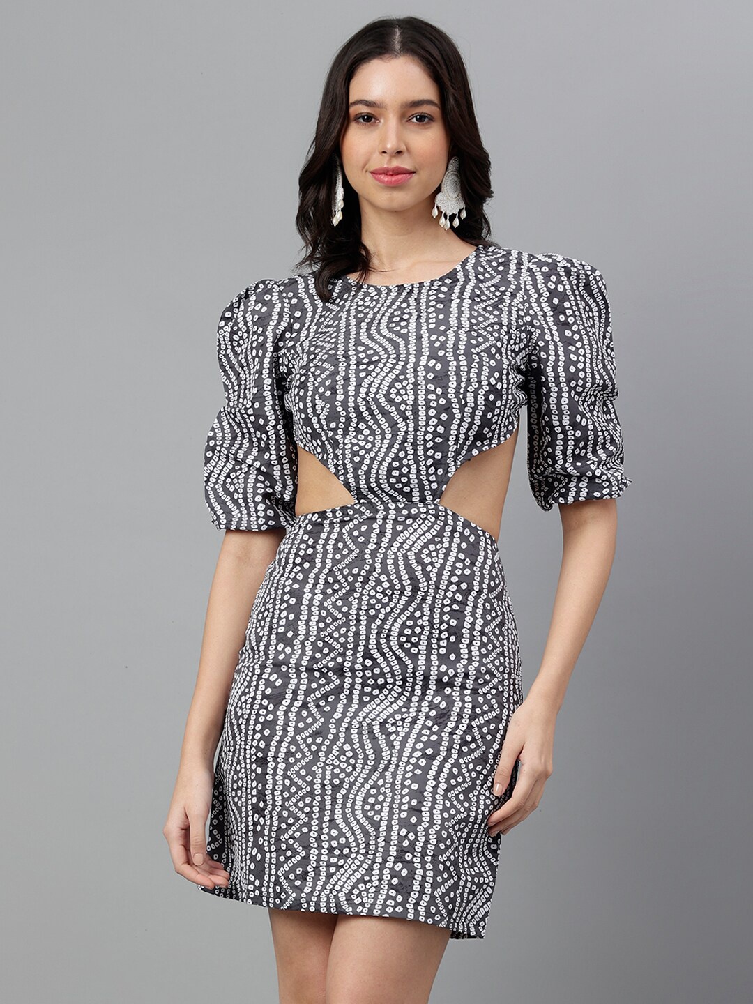 

TRYMISFIT Geometric Printed Puff Sleeve Cut Out Cotton A-Line Dress, Black