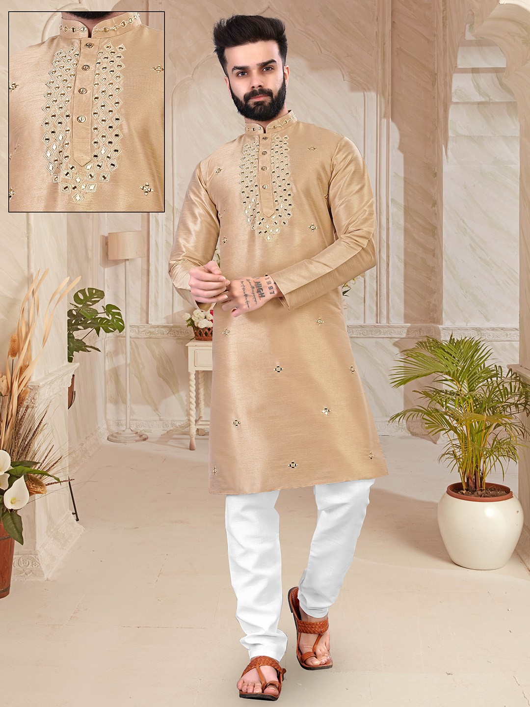 

PERFECTBLUE Men Ethnic Motifs Embroidered Kurta, Beige