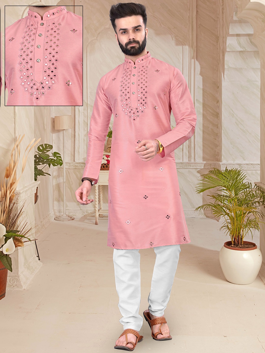 

PERFECTBLUE Men Floral Embroidered Thread Work Kurta, Pink