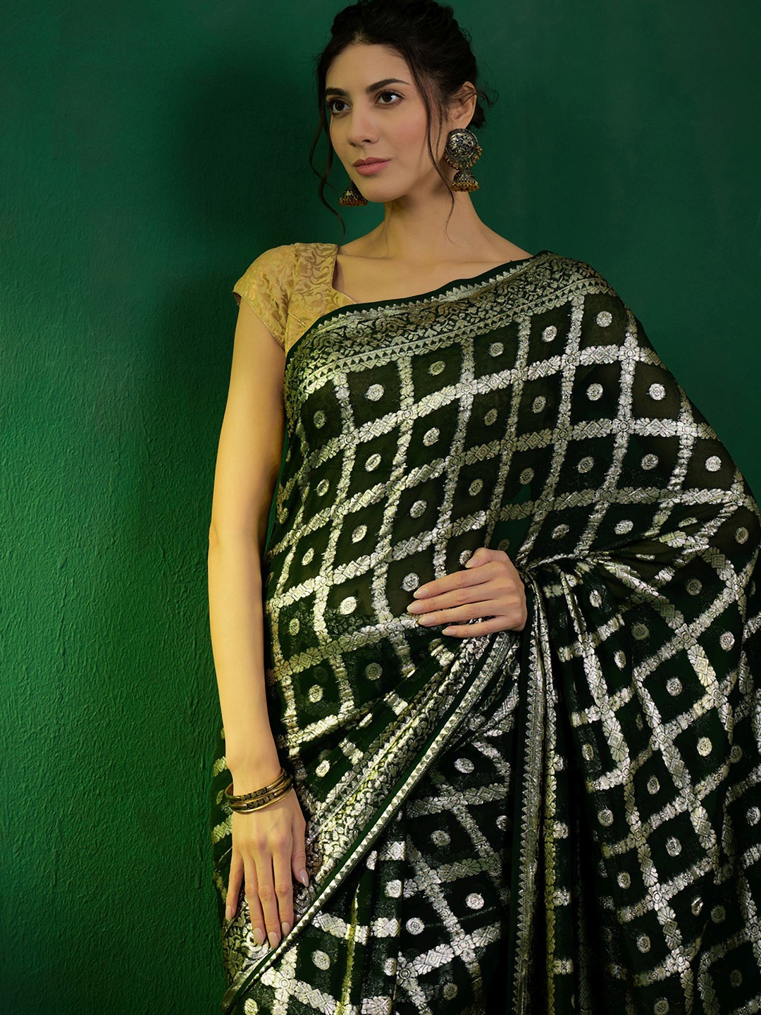 

Sangria Checked Pure Silk Banarasi Saree, Green
