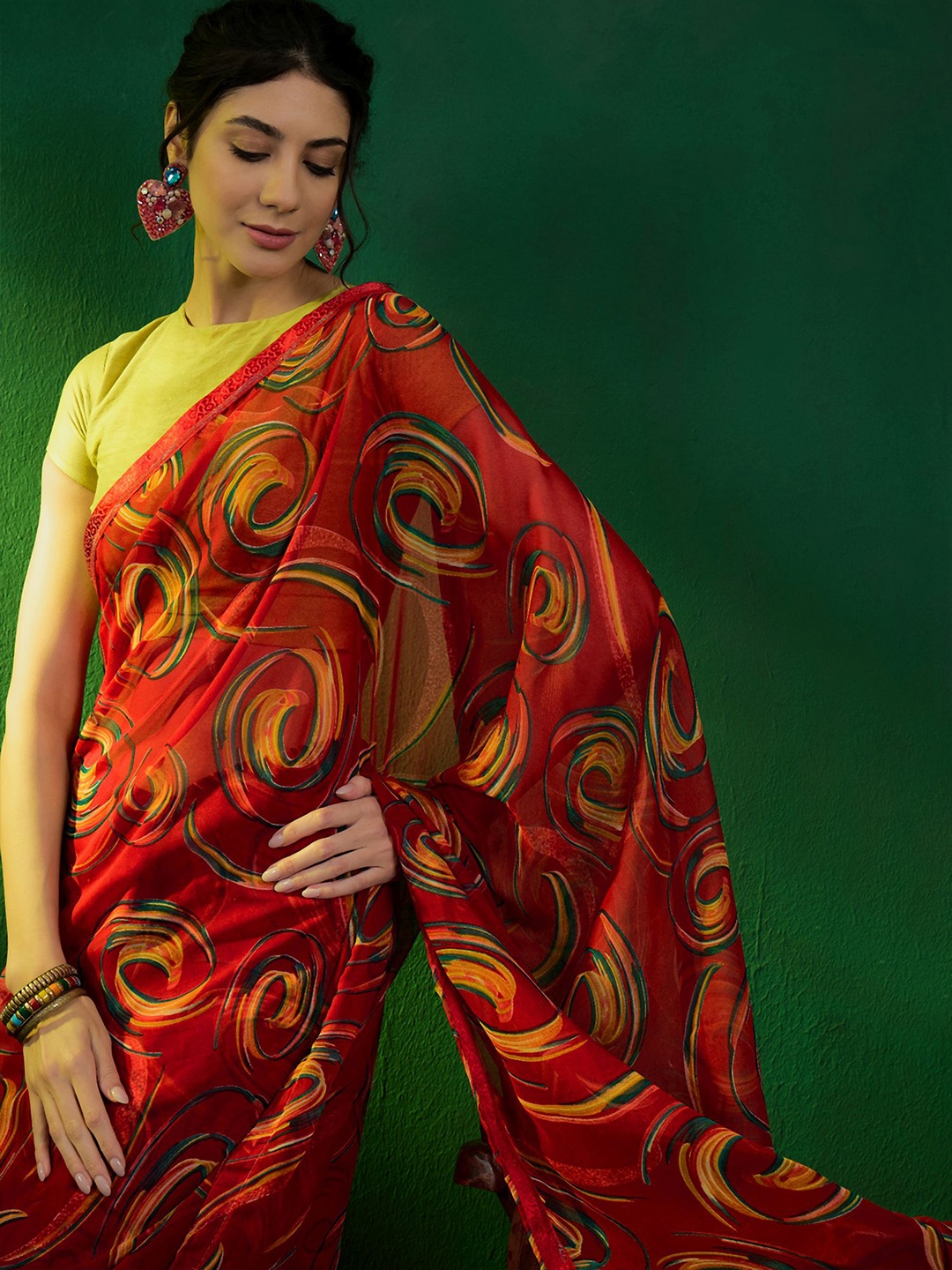 

Sangria Leheriya Printed Pure Chiffon Saree, Red