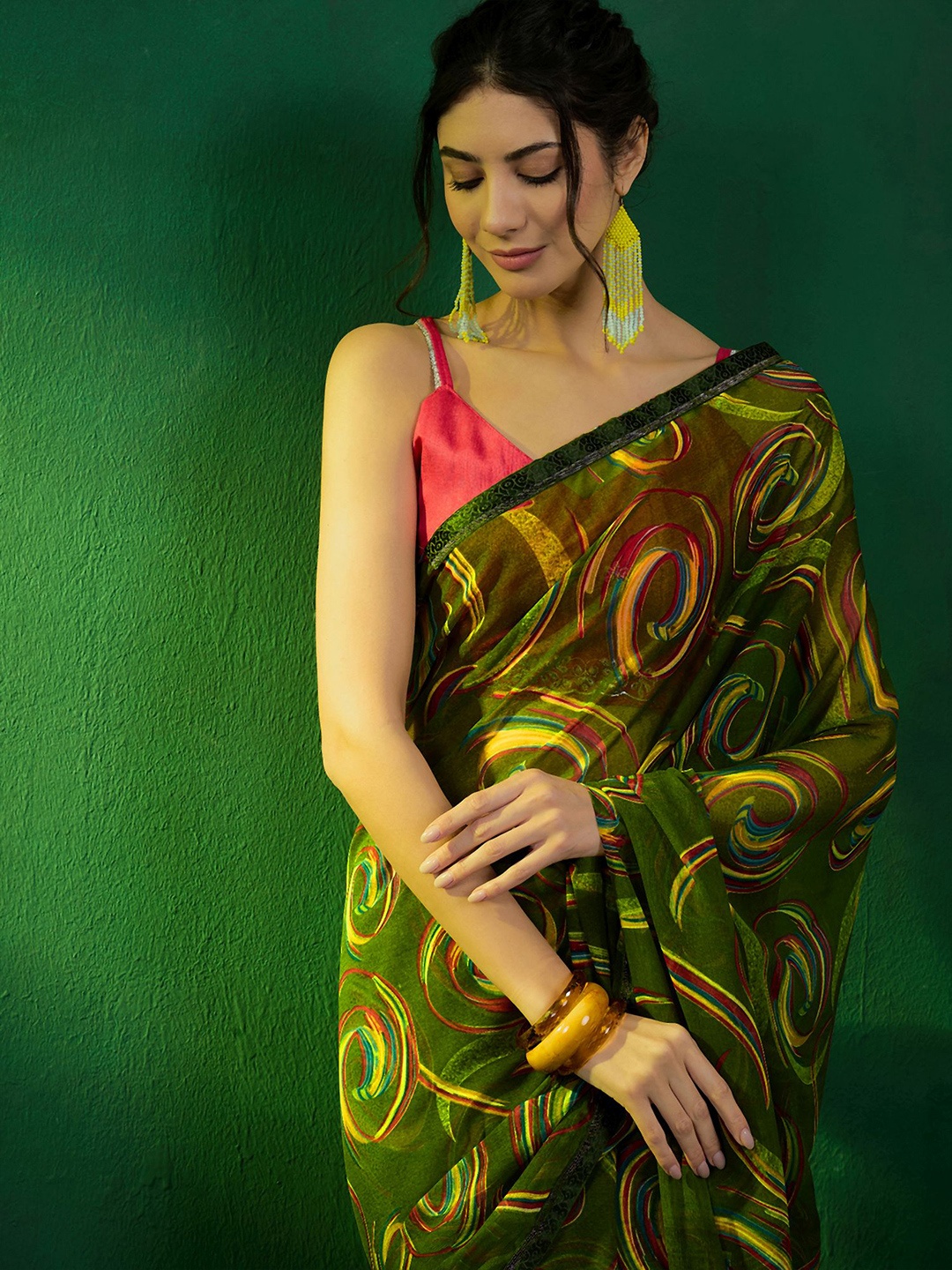 

Sangria Leheriya Printed Pure Chiffon Saree, Olive