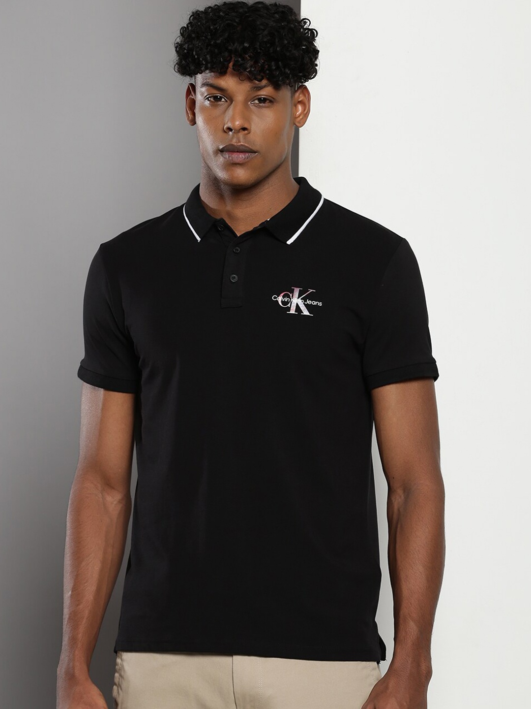 

Calvin Klein Brand Logo Printed Polo Collar T-shirt, Black
