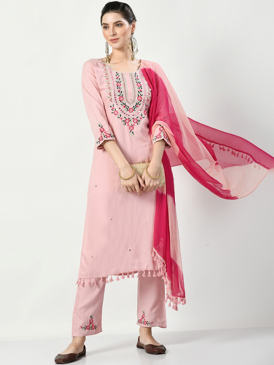 

KALINI Floral Embroidered Mirror Work Kurta with Trousers & Dupatta, Peach