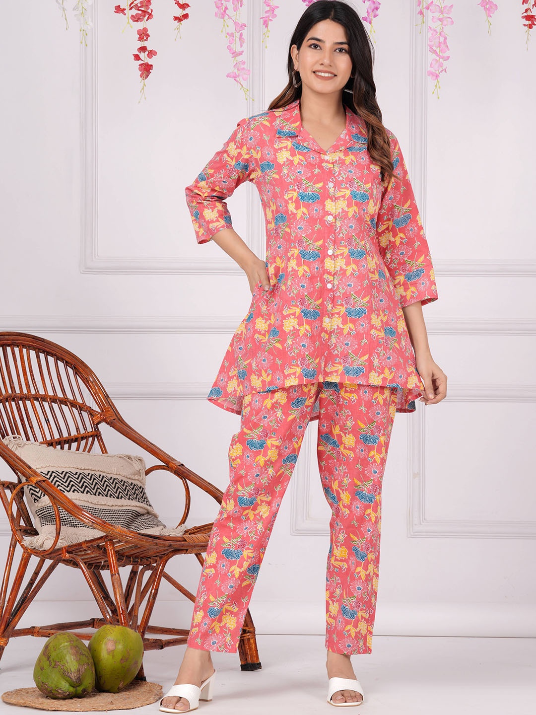 

AVYCO Printed Pure Cotton Top & Trousers, Peach