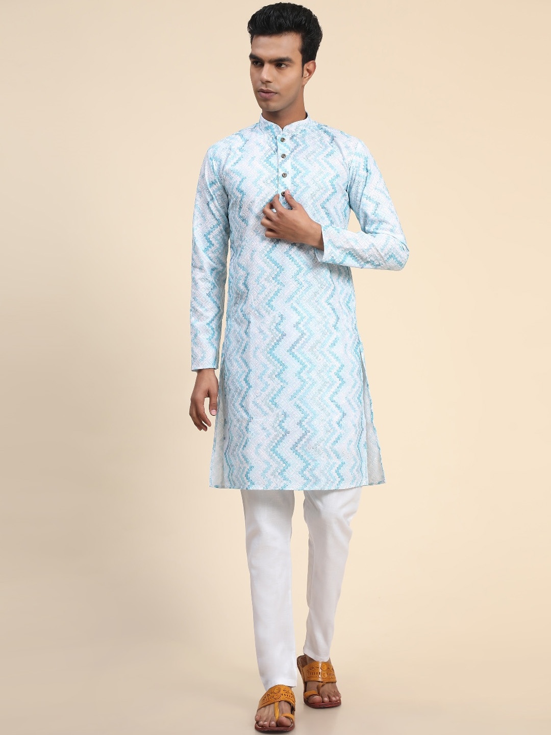 

PERFECTBLUE Men Ethnic Motifs Printed Thread Work Kurta, Turquoise blue