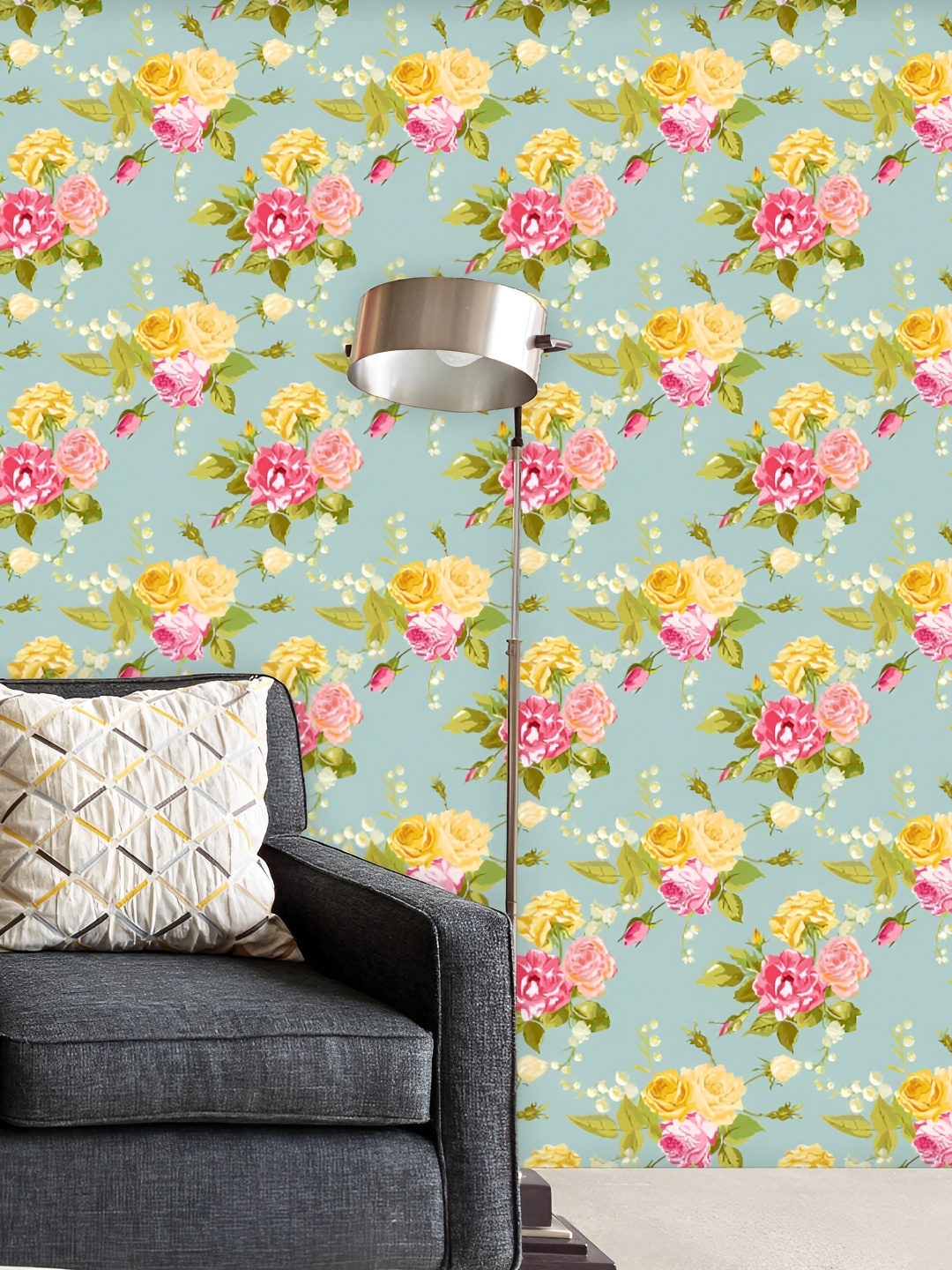 

ArtzFolio Green & Pink Floral Printed Non-PVC Self-Adhesive Peel & Stick Wallpaper