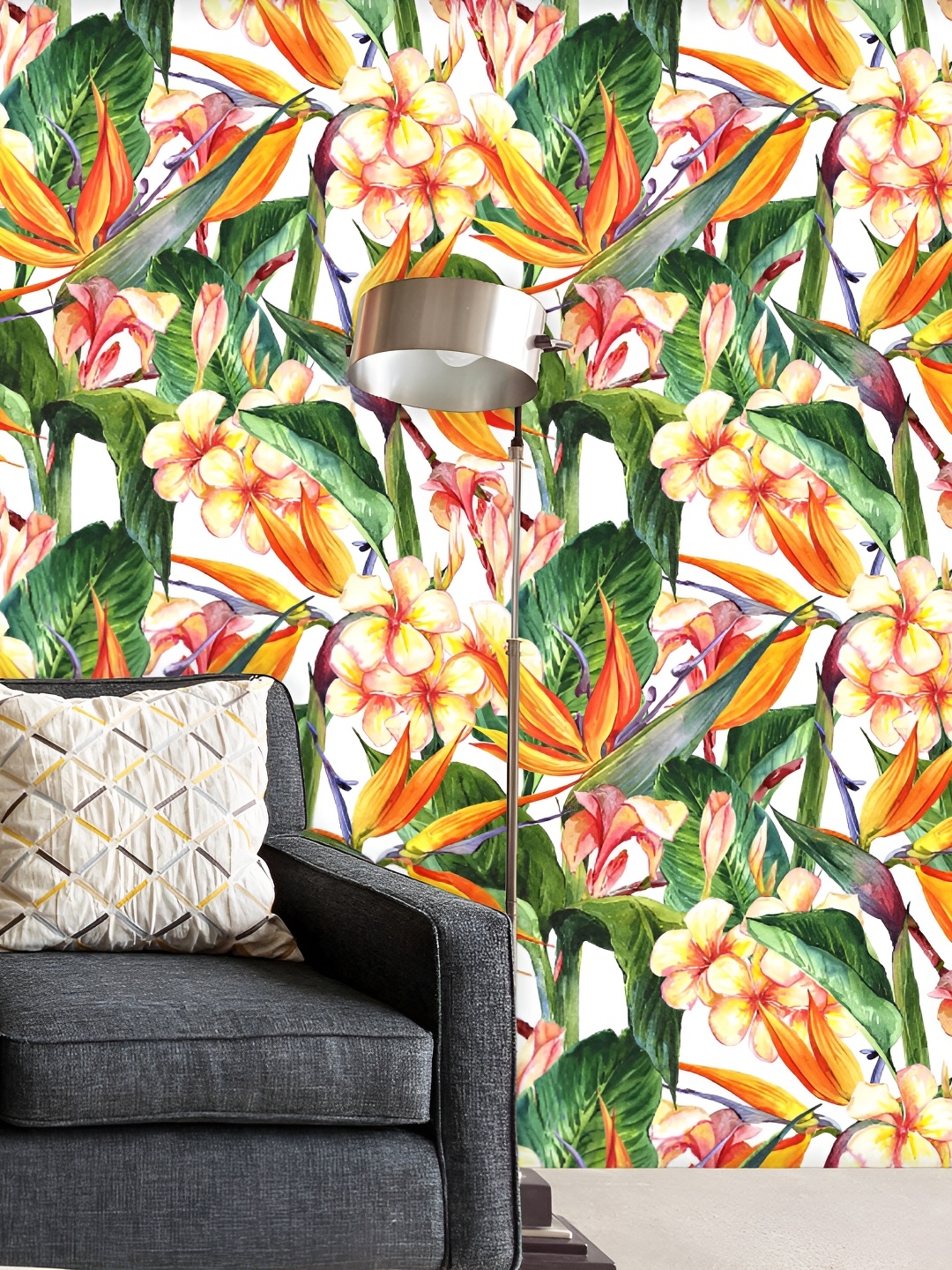 

ArtzFolio Green & Orange Floral Printed Self Adhesive Decals & Wall Sticker, White