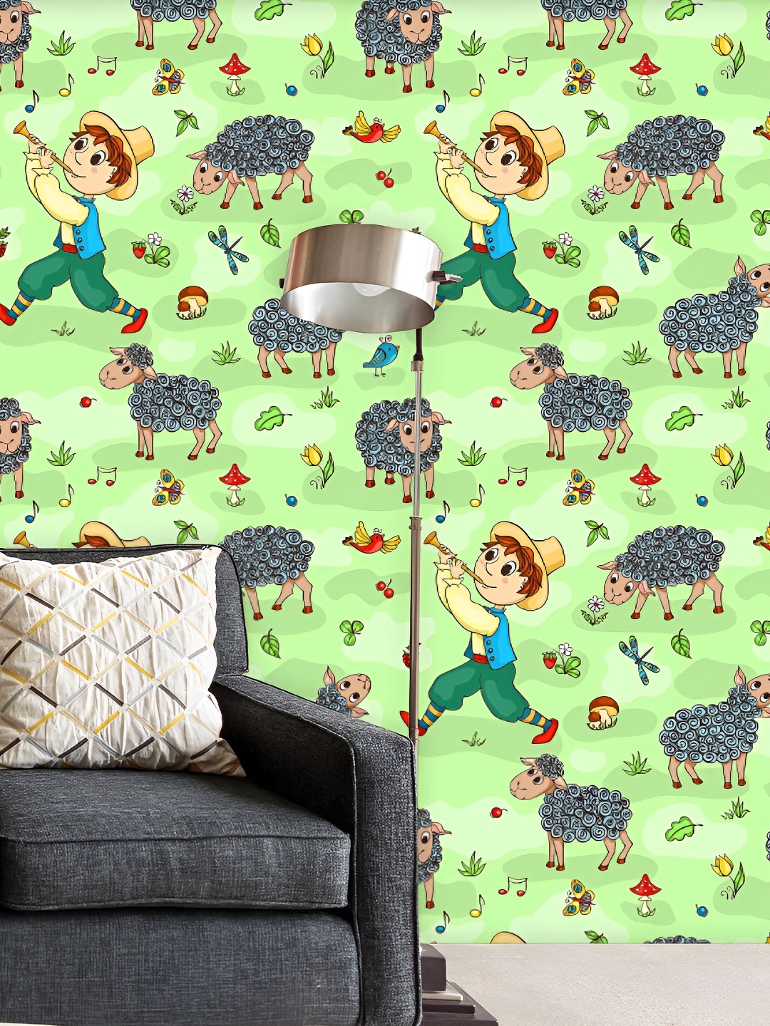 

ArtzFolio Green & Grey Cartoon Printed Water Resistant Peel & Stick Wallpaper